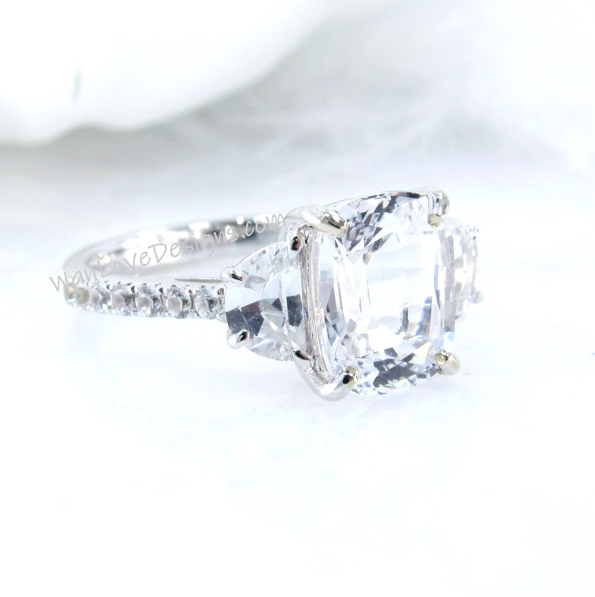 White Sapphire Diamond Elongated Cushion Half Moon Engagement Ring 3 Gem 4ct 10x8mm 14k 18k White Yellow Rose Gold-Platinum-Wedding-Custom