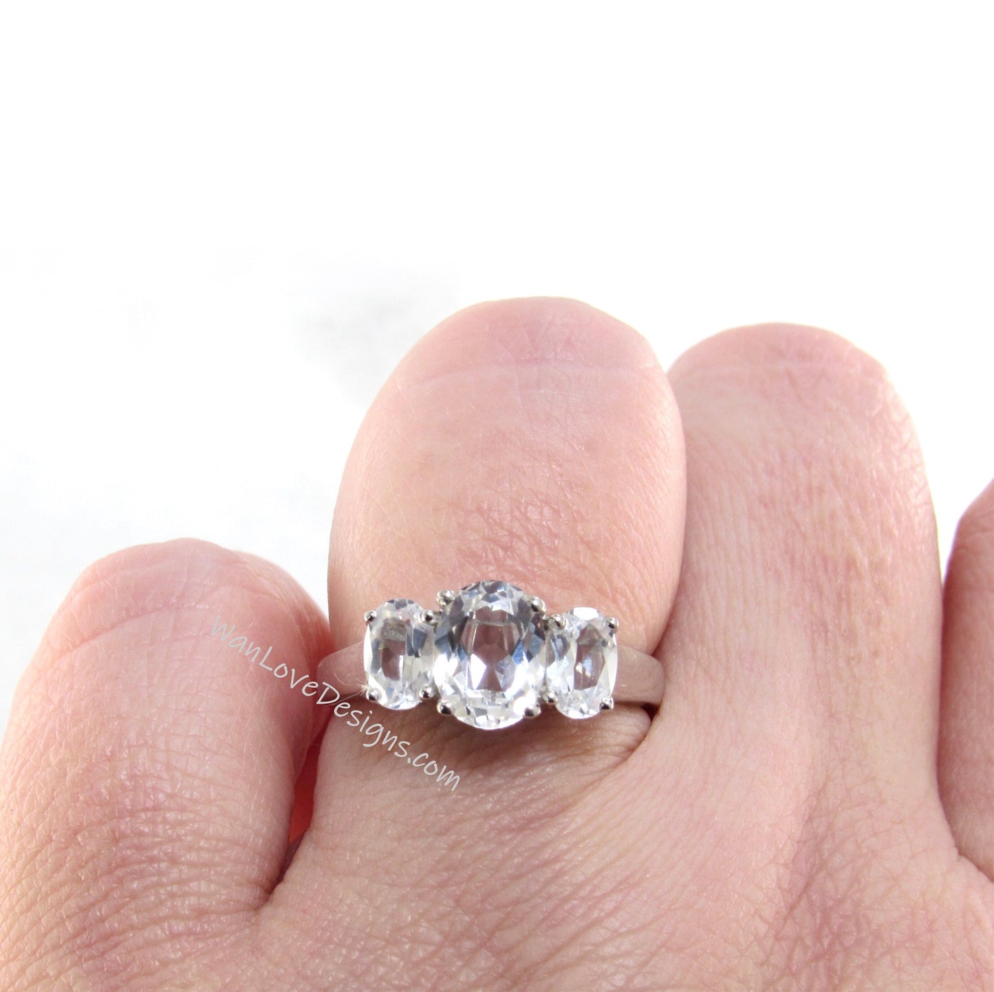 White Sapphire Moissanite 3 Stone Oval Engagement Ring, 2ct, 1ct, 8x6mm, 6x4mm,14k 18k White Yellow Rose Gold, Platinum, Custom, Anniversary