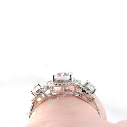 White Sapphire & Diamonds Round Triple Halo Engagement Ring, 1ct, 6mm, 3mm,-3 Gem stone gemstone, Anniversary Gift-Ready to Ship