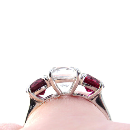 White Sapphire & Ruby 3 Stone Engagement Ring Round 3 Gem stone 1 2 ct Bridal Wedding promise ring Anniversary Gift -Ready to ship