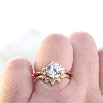 White Sapphire Engagement Ring Set, 3 gemstone, Round,Pear, Nesting Wedding Band, 2ct-8mm-3mm-14k 18k White Yellow Rose Gold-Platinum-Custom