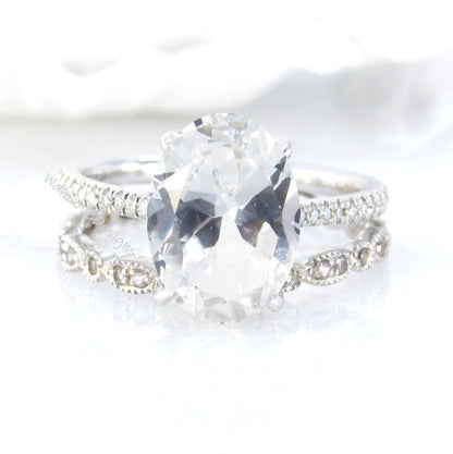 White Sapphire Diamond Oval Engagement Ring Set,Eternity Leaf Milgrain Wedding Band, Custom-14k 18k White-Yellow-Rose Gold-Platinum
