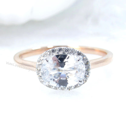 White Sapphire & Diamond East West Oval Halo with Plain Band Engagement Ring, Custom-14kt 18kt White Rose Yellow Gold, Platinum