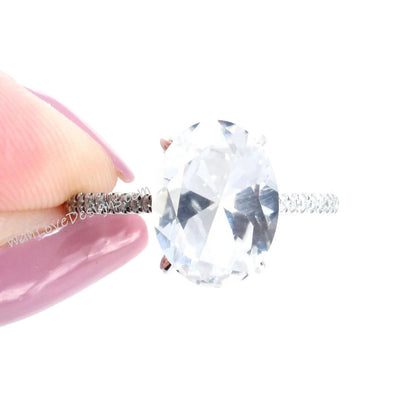 White Sapphire & Diamond Oval Side Halo Engagement Ring, Halfway Half Eternity Celebrity Ring, Custom-Wedding-14k 18k gold-Platinum