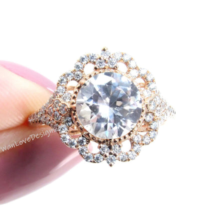 White Sapphire Diamond Ornate Floral Halo Engagement Ring, Round 8 prong, 2ct 8mm-14k 18k Gold-Platinum-Custom-Wedding-Anniversary