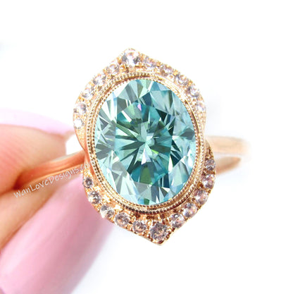 Vintage Oval Shape Blue Moissanite Engagement Ring Art Deco Diamond bezel halo Ring antique ring Unique Bridal Ring Anniversary Promise Ring