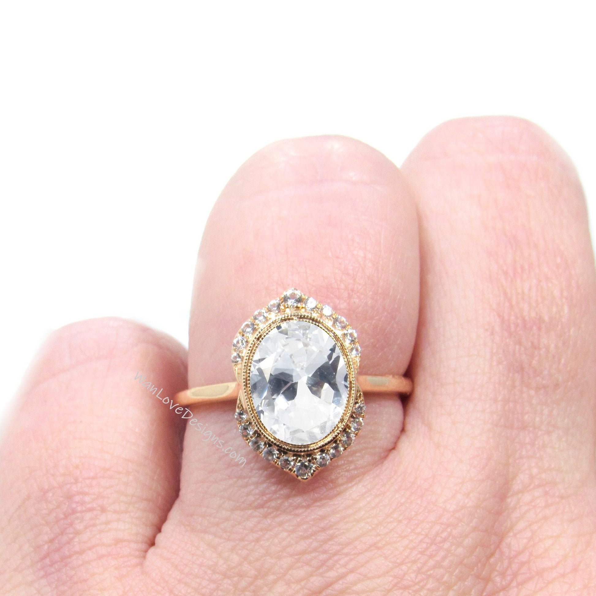 White Sapphire & Diamond Art Deco Unique Oval Bezel Halo WITH or Without Milgrain Engagement Ring, Custom, 14k 18k Rose Gold, WanLoveDesigns