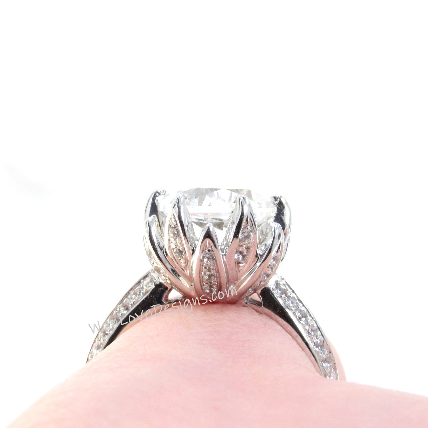 White Topaz & Diamond Lotus Flower Engagement Ring, Round cut, Custom,14k 18k White Yellow Rose Gold-Platinum,Anniversary Gift