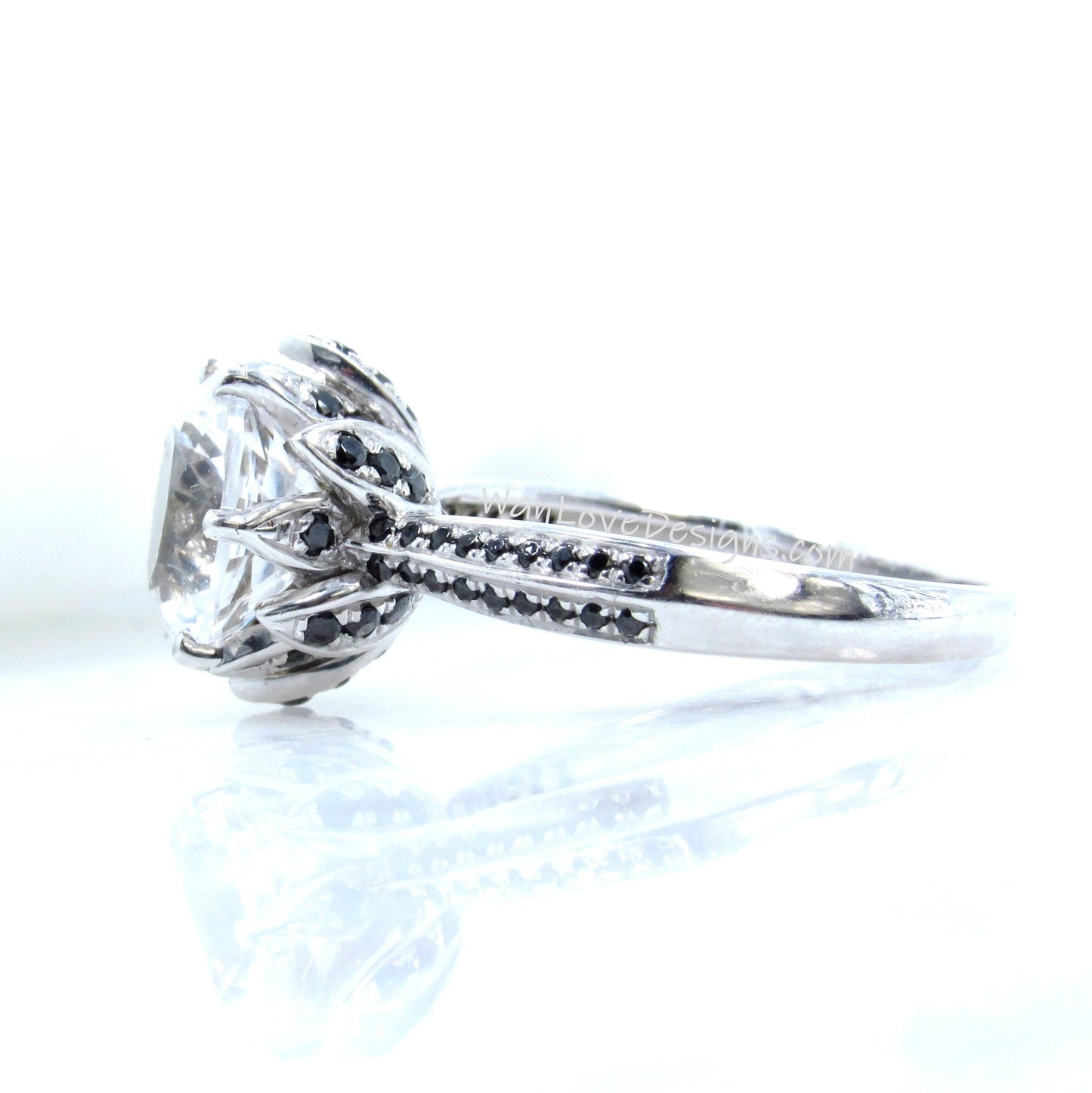White Sapphire & Black Diamond Spinel Lotus Flower Engagement Ring 14k 18k White Yellow Rose Gold Platinum Custom made Wedding Anniversary