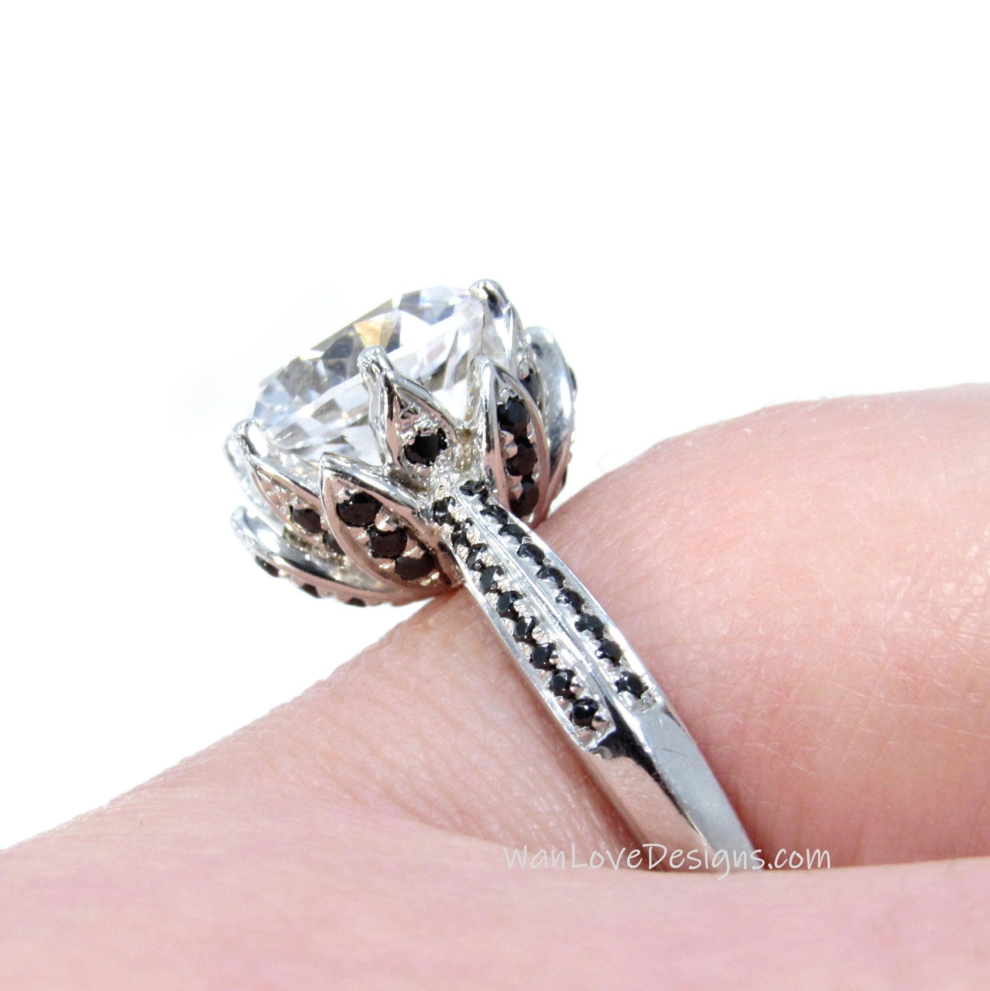 White Sapphire & Black Diamond Spinel Lotus Flower Engagement Ring 14k 18k White Yellow Rose Gold Platinum Custom made Wedding Anniversary