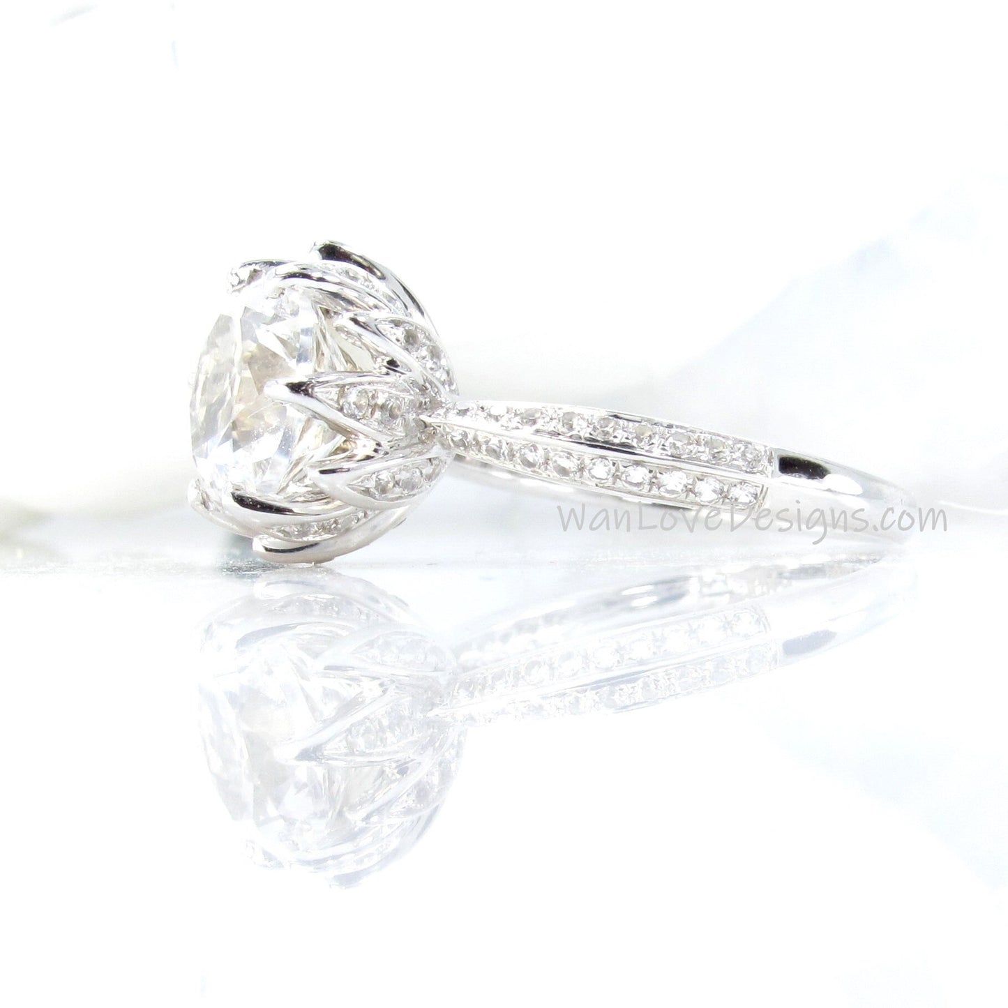 White Topaz & Diamond Lotus Flower Round Engagement Ring, 3ct, 9mm, Wedding, Anniversary Gift, Silver Rhodium, Resizable-Fast Ship