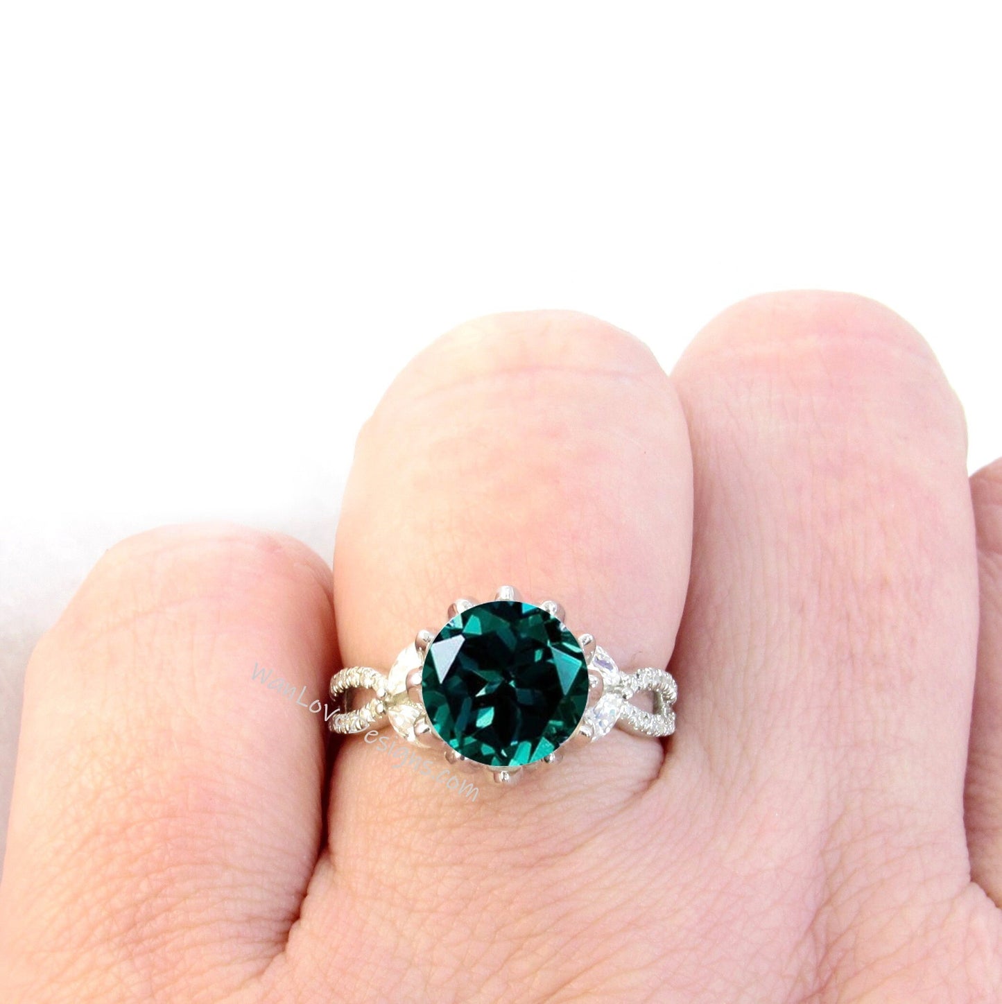 Vintage Emerald Diamond Lotus Flower Ring Marquise Leaf Split Shank Engagement Ring antique flower round ring wedding promise ring