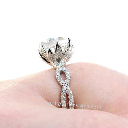White Sapphire & Diamond Lotus Flower Infinity Twisted Round Engagement Ring, 14kt 18kt Gold-Platinum-Custom-Wedding-Anniversary Gift