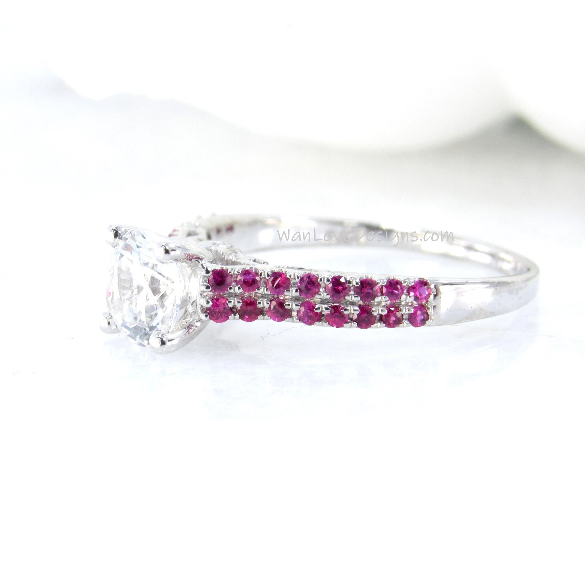White Sapphire Ruby engagement ring round cut ring diamond ring 2 double row ring milgrain ring anniversary ring vintage ring promise ring