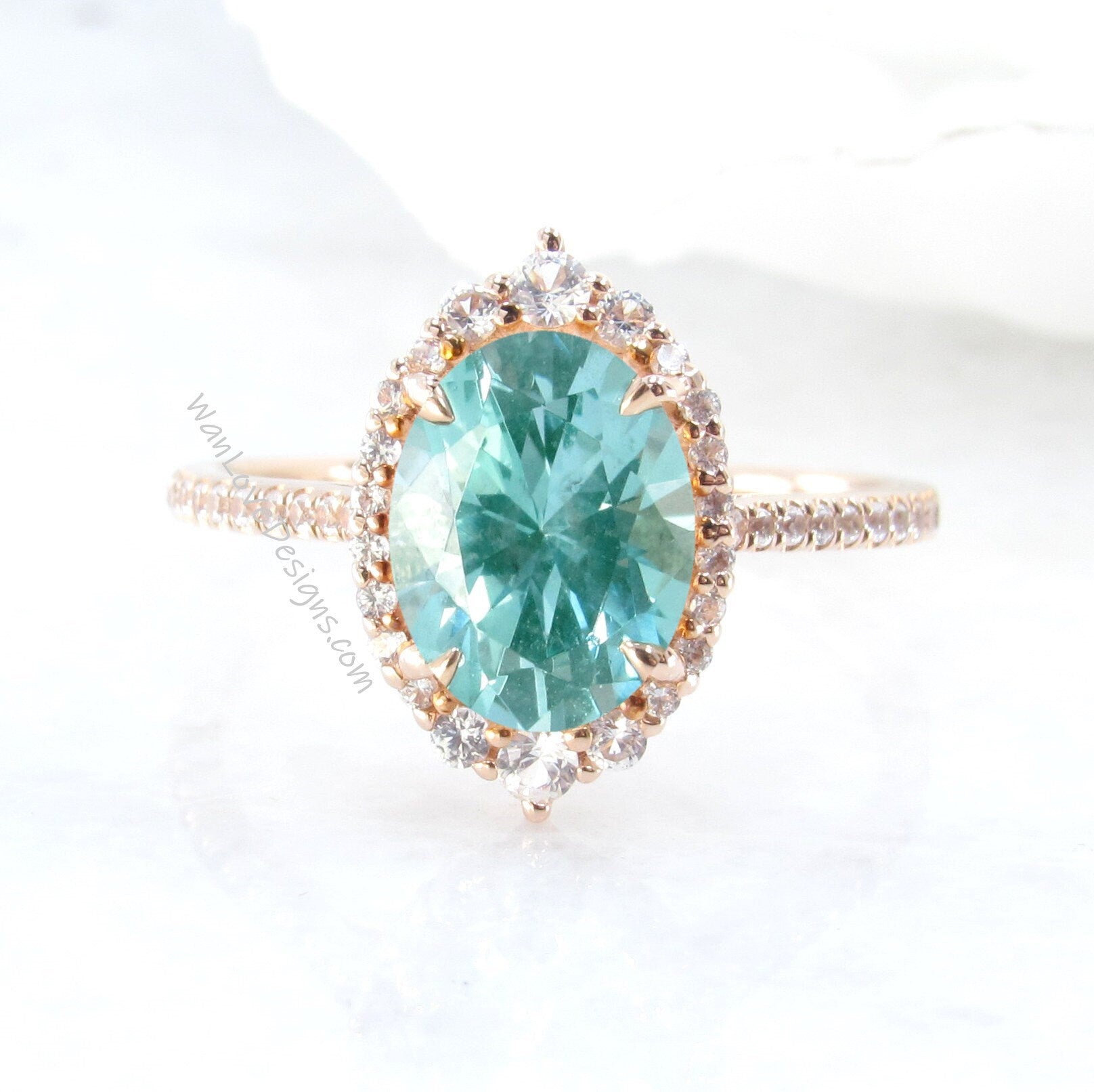 Vintage engagement ring oval cut Teal Spinel ring rose gold Diamond halo ring Art deco wedding Unique ring Anniversary ring lab emerald ring