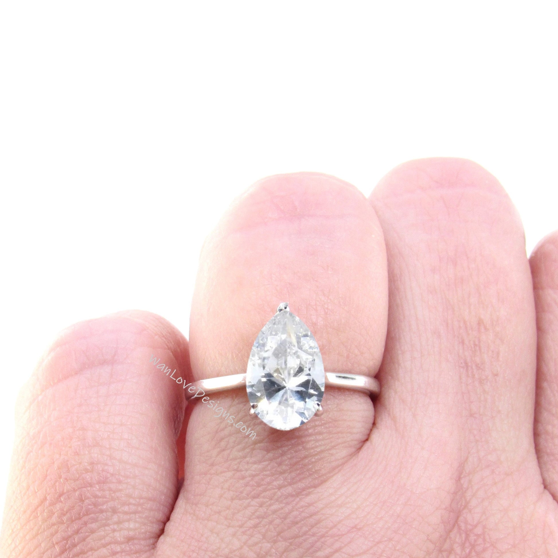 White Sapphire & Diamond Pear Side Halo Plain Shank Engagement Ring, Cathedral Basket, Custom, 14kt 18kt Gold, Platinum, WanLoveDesigns