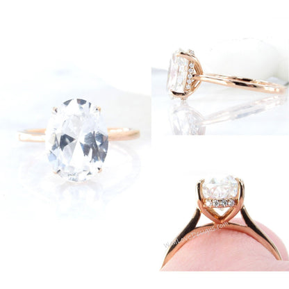White Sapphire & Diamond Oval Side Halo plain band Engagement Ring, Custom, 14k 18k White Yellow Rose Gold,Platinum, Wedding, WanLoveDesigns