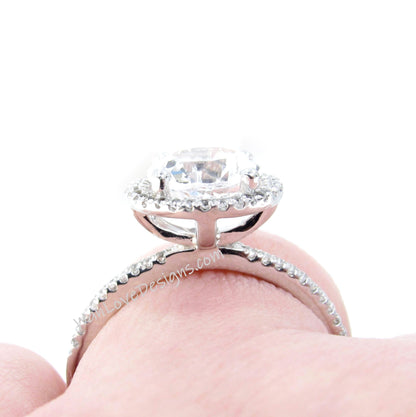 White Sapphire Round Halo Engagement Ring, 2ct, 8mm, 925 Silver w Rhodium, Wedding, Anniversary Gift, Basket, 2 Carat, Ready to Ship
