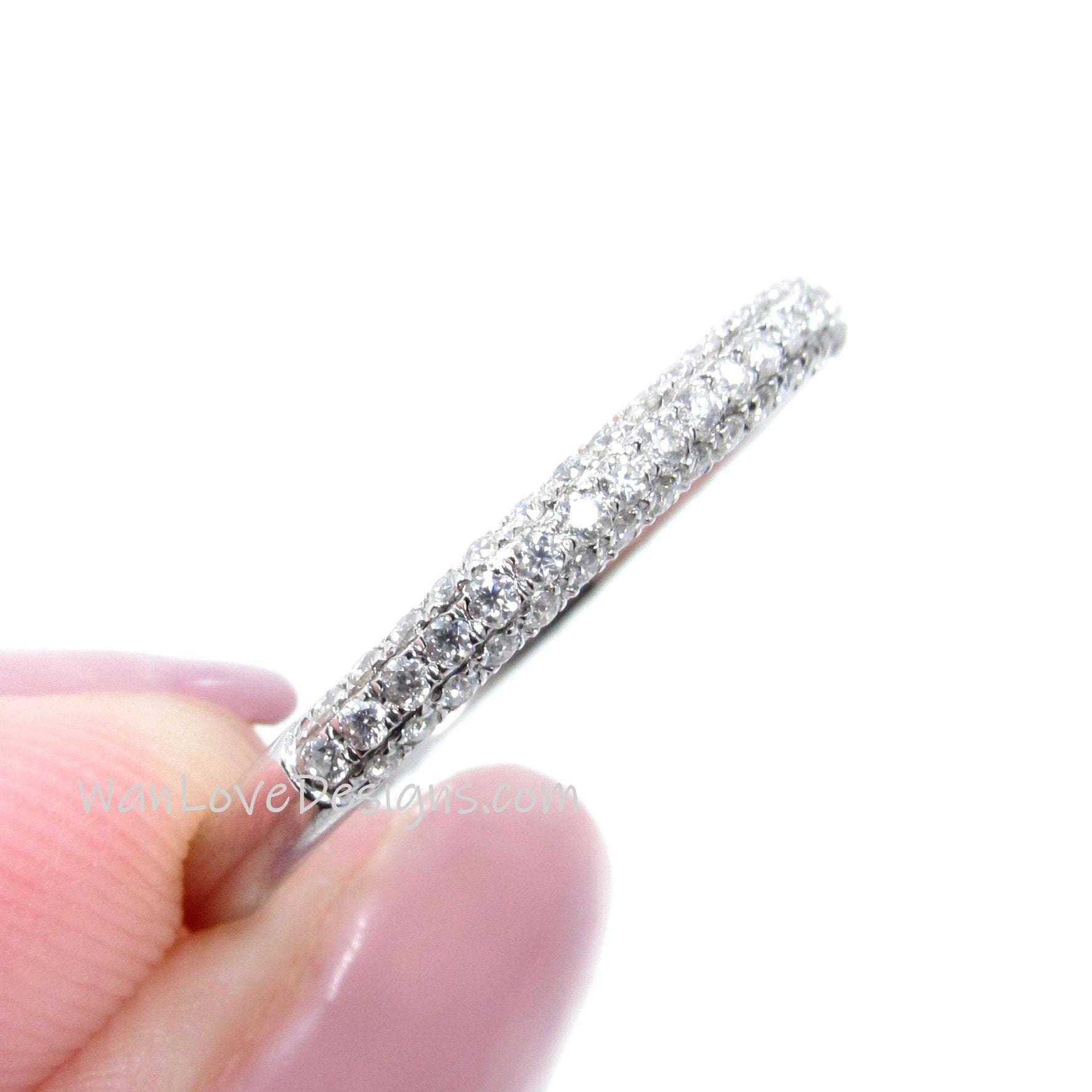 White Sapphire Pave 3 row 3 Side sided 3/4 Almost Eternity Wedding band-womans-Silver Rhodium-Anniversary Gift-Ready to ship