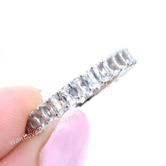 White Sapphire Emerald Radiant cut wedding Band 3/4 Almost Eternity Ring Art Deco Baguette White gold Anniversary promise ring Ready to Ship