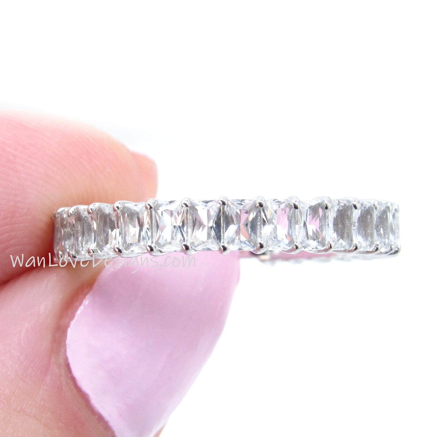 White Sapphire Emerald Radiant cut wedding Band 3/4 Almost Eternity Ring Art Deco Baguette White gold Anniversary promise ring Ready to Ship