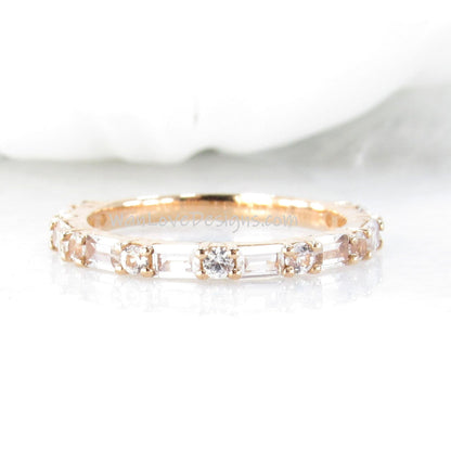 White Sapphire Baguette Round Wedding Band, Stackable Ring, 3/4 Almost Eternity, Custom, Rose Gold-Anniversary Gift-Commitment-Ready to Ship