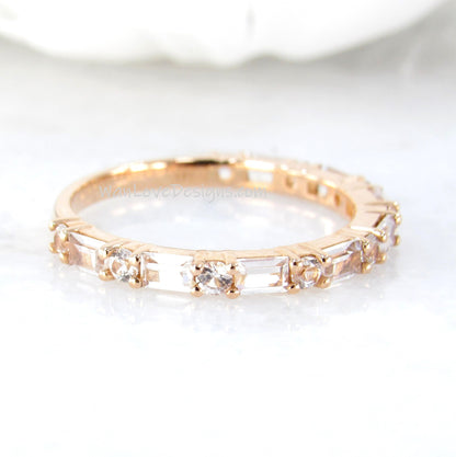 White Sapphire Baguette Round Wedding Band, Stackable Ring, 3/4 Almost Eternity, Custom, Rose Gold-Anniversary Gift-Commitment-Ready to Ship