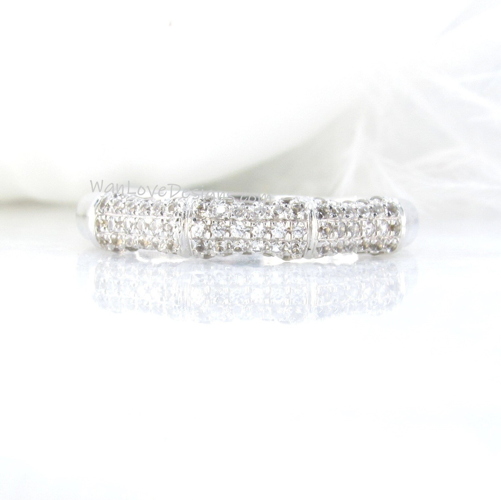 White Sapphire Bamboo Wedding Band Nature Ring Notched Half Eternity Pave White Gold ring unique matching bridal anniversary ring-Ready