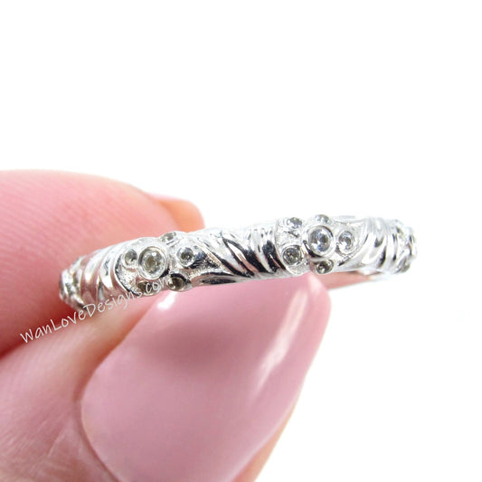 White Sapphire Flower Engraved Wedding Band vintage Nature Floral Ring White Gold Promise Bridal unique anniversary ring wedding jewelry