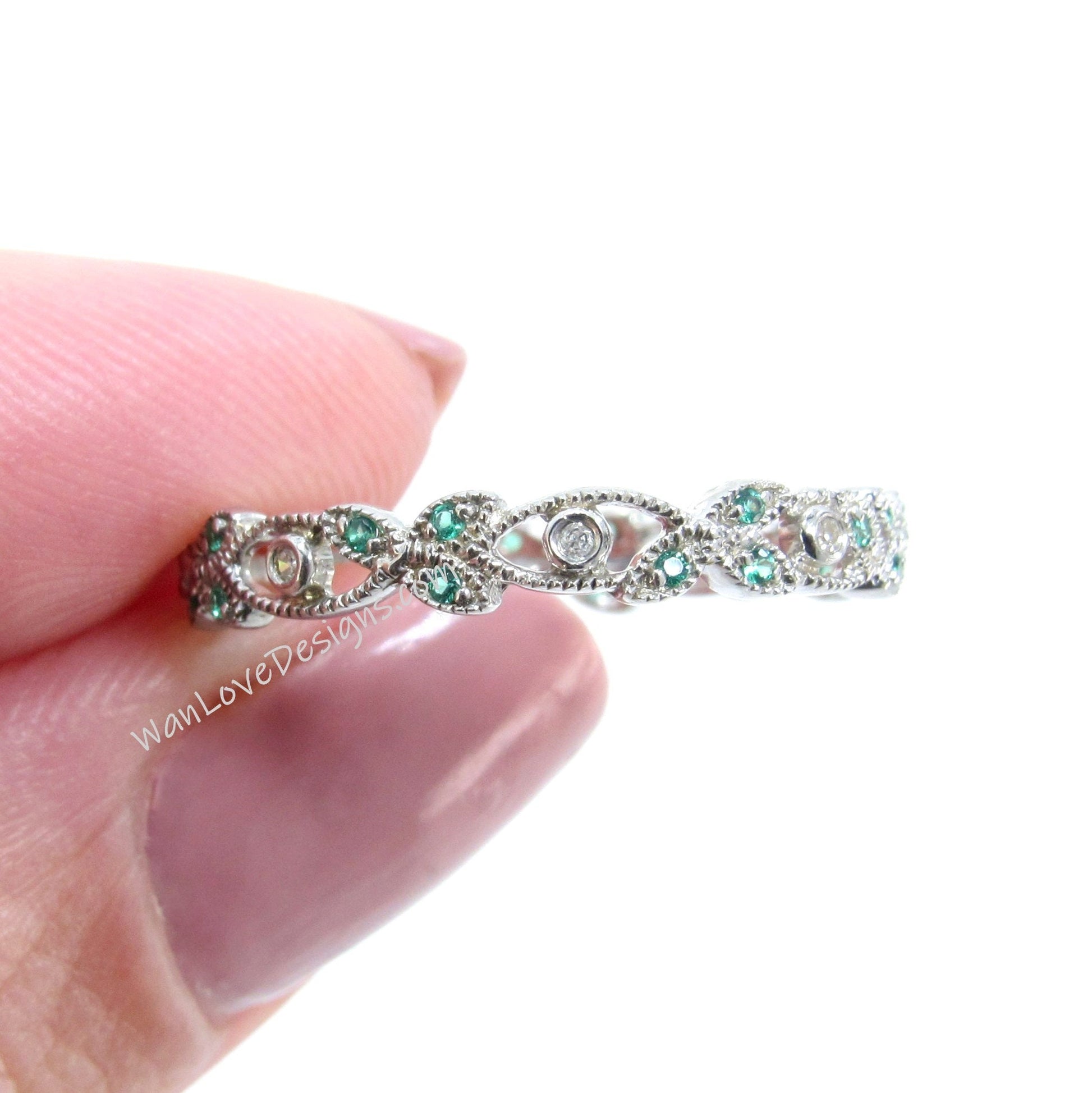 Vintage Green Spinel Diamond wedding band Art deco filigree band Stacking matching band unique Milgrain anniversary promise ring -Ready