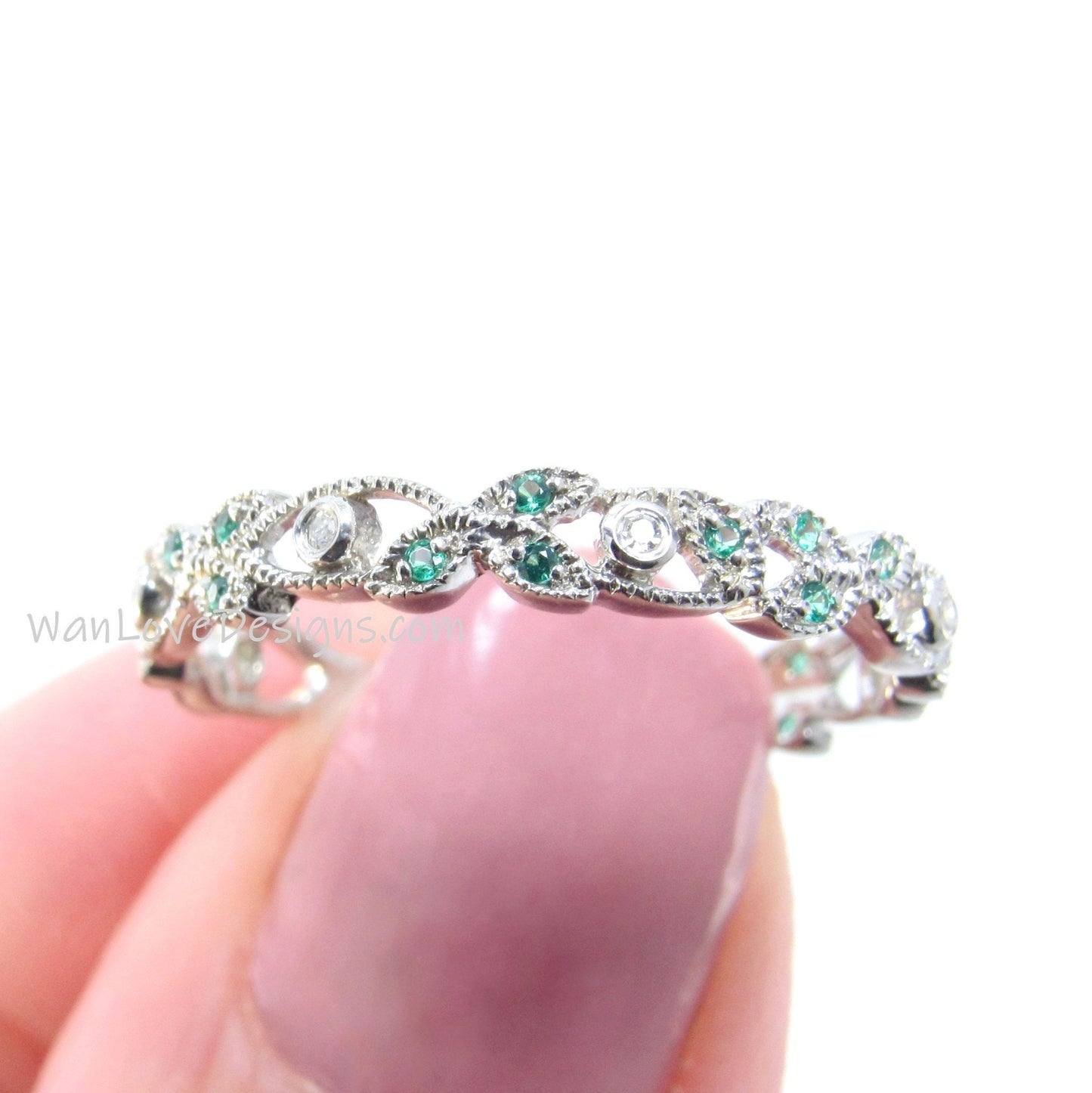 Vintage Green Spinel Diamond wedding band Art deco filigree band Stacking matching band unique Milgrain anniversary promise ring -Ready