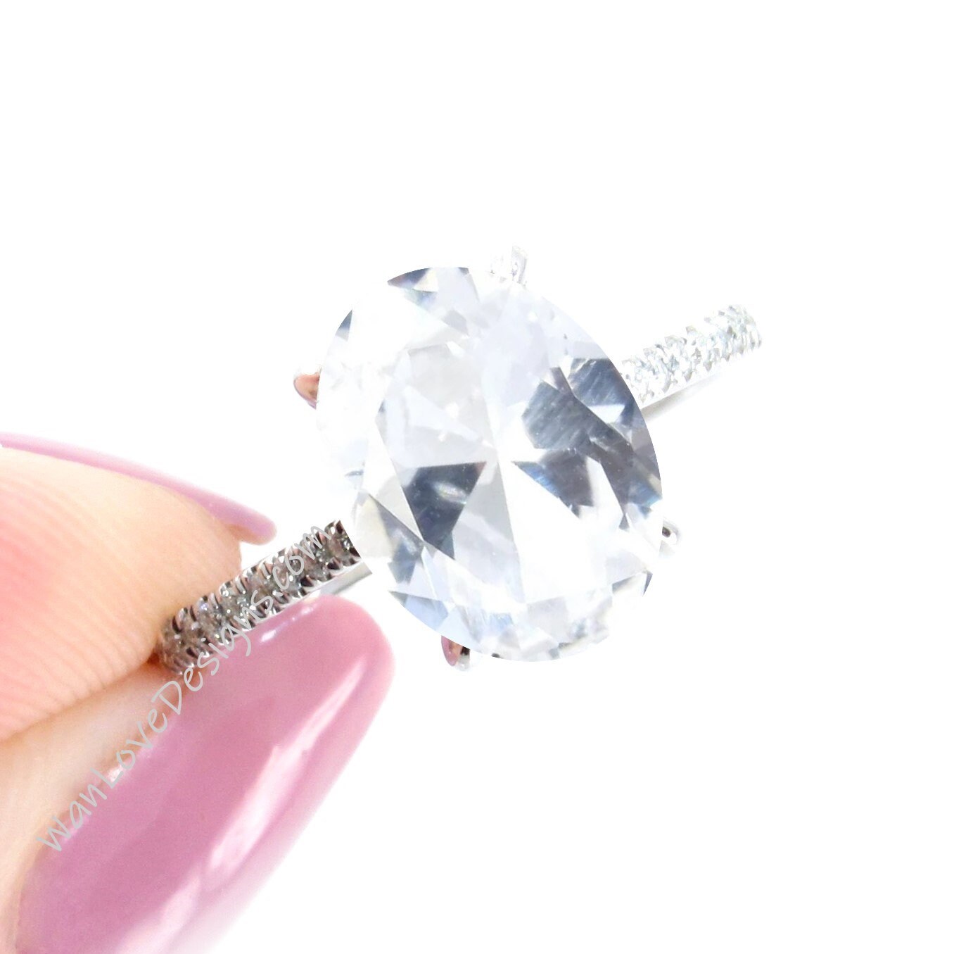 White Sapphire & Diamond Oval Side Halo Engagement Ring, Halfway Half Eternity Celebrity Ring, Custom-Wedding-14k 18k gold-Platinum