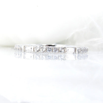 White Sapphire 3/4 Almost Eternity Baguette Bar Round Prong Wedding Band Ring Custom White Gold Anniversary Gift Ready to Ship