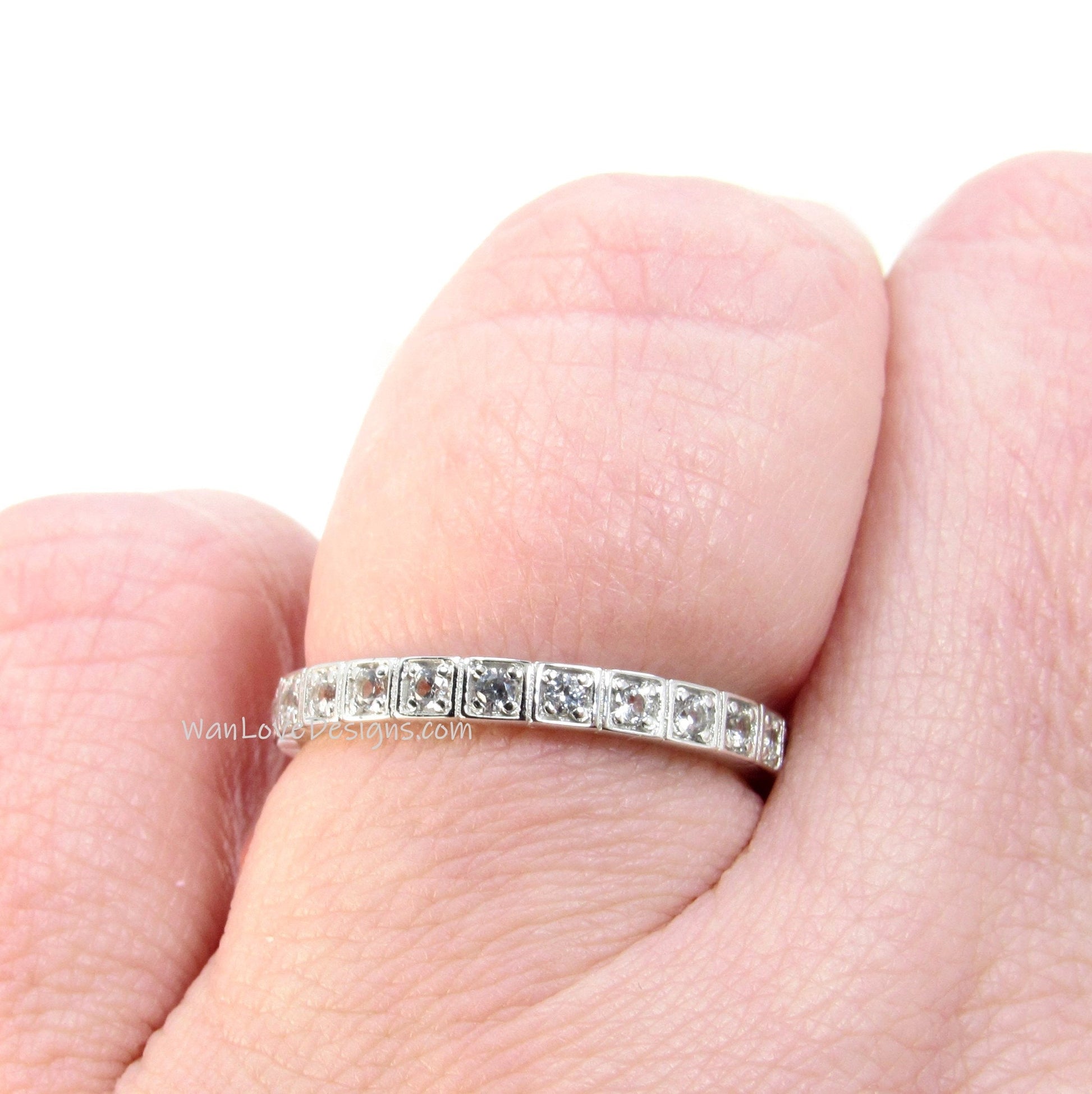 White Sapphire Almost Eternity Wedding Band Ring, Square Modern Band for Her, Custom, White Gold, Anniversary Gift, Ready to Ship