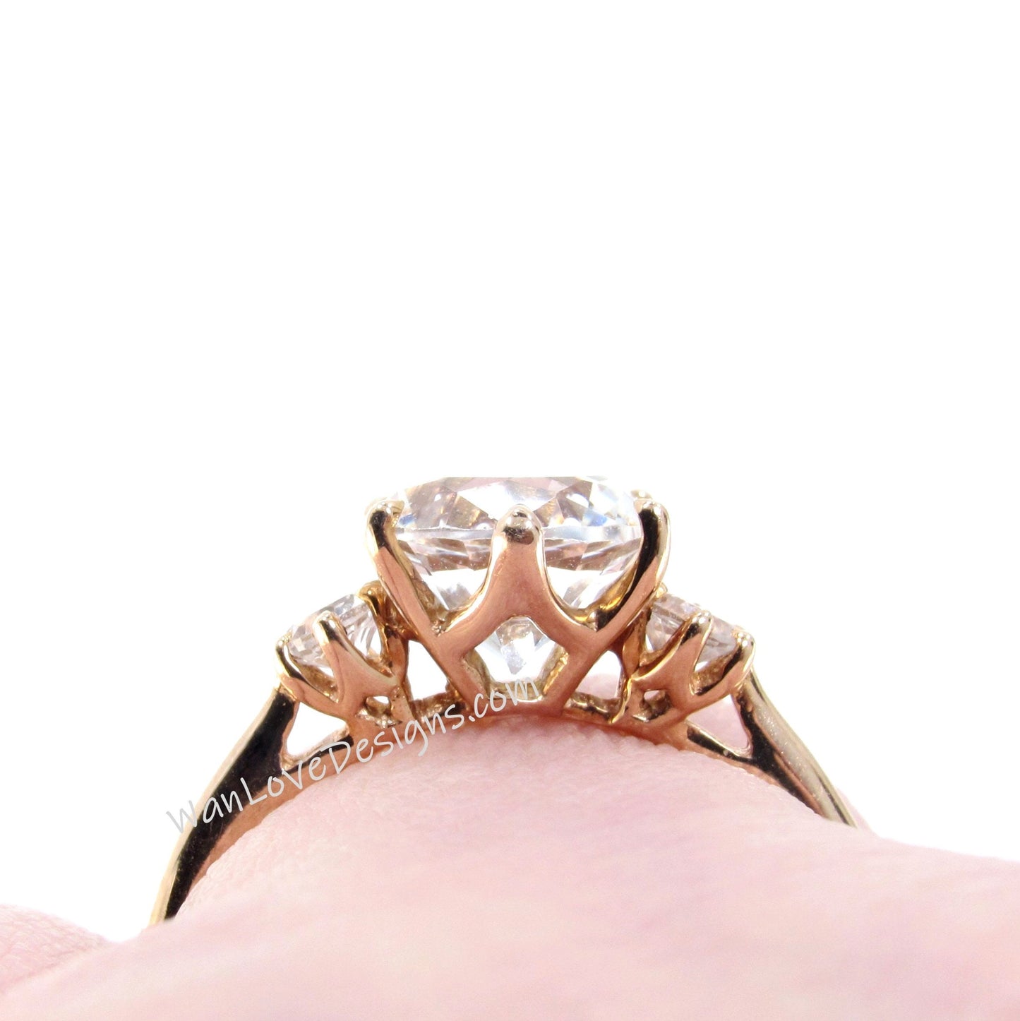 White Sapphire 3 Gem Stone Engagement Ring Vintage Round 2ct Rose Gold Trellis 6 prong Wedding Ring Promise Anniversary Gift-Ready to Ship