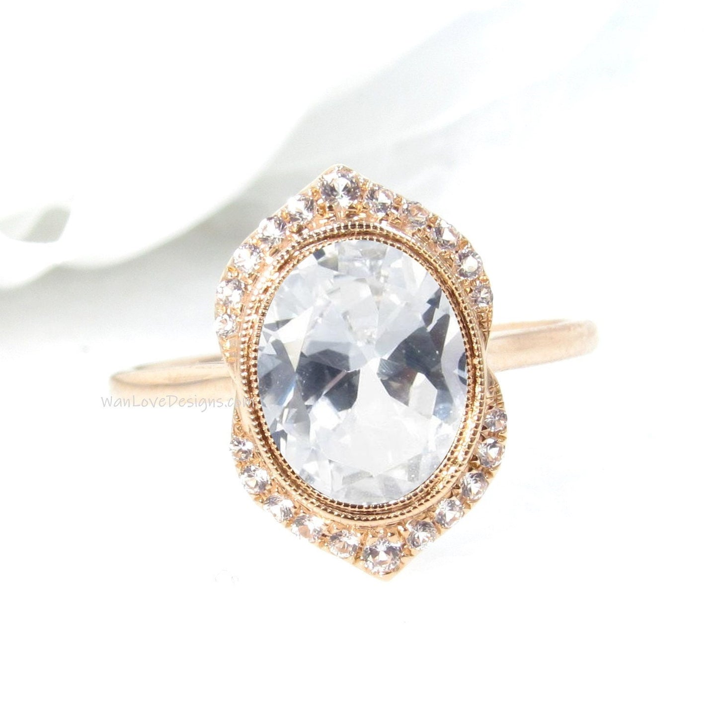 White Sapphire & Diamond Art Deco Unique Oval Bezel Halo WITH or Without Milgrain Engagement Ring, Custom, 14k 18k Rose Gold, WanLoveDesigns