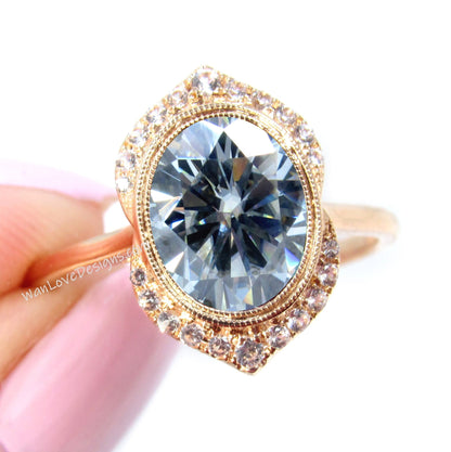 Vintage Oval Shape Grey Moissanite Engagement Ring Art Deco Diamond bezel halo Ring antique ring Unique Bridal Ring Anniversary Promise Ring