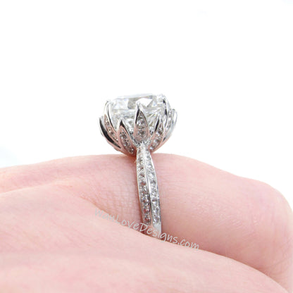 White Topaz & Diamond Lotus Flower Engagement Ring, Round cut, Custom,14k 18k White Yellow Rose Gold-Platinum,Anniversary Gift