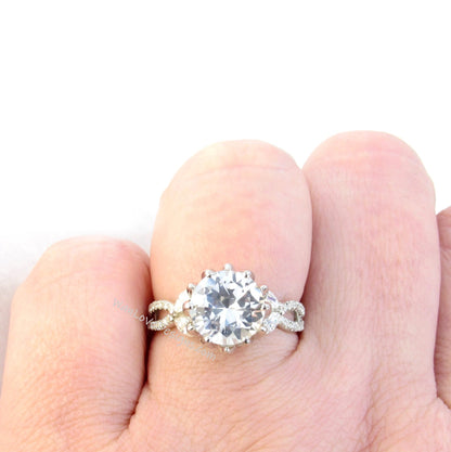 Vintage White Sapphire Diamond Lotus Flower Ring Marquise Leaf Split Shank Engagement Ring antique flower round ring wedding promise ring