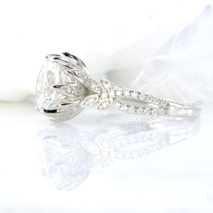 White Sapphire & Diamond Lotus Flower Split Shank Leaf Engagement Ring, 14k 18k White Yellow Rose Gold, Platinum,Custom,Wedding