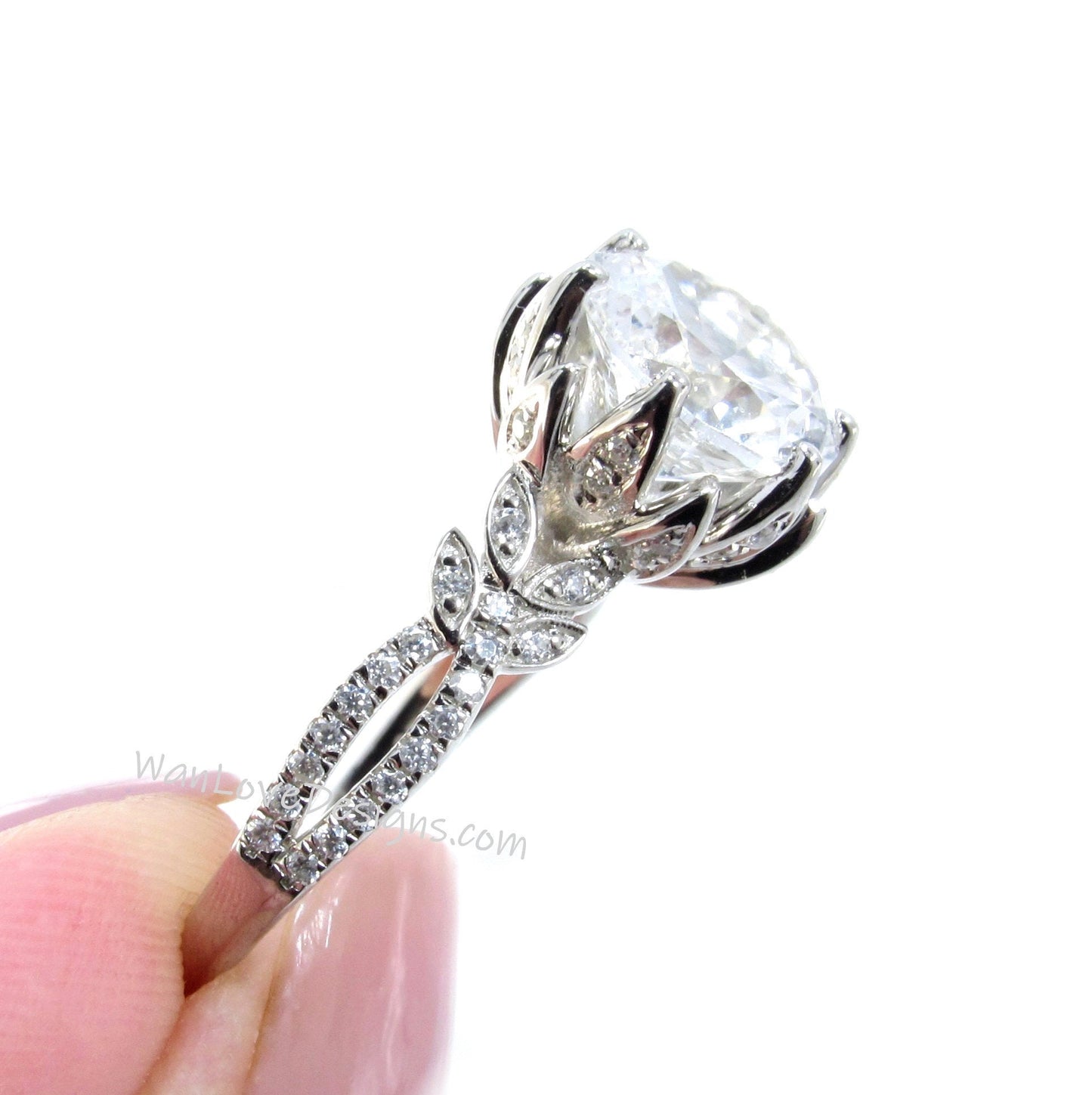 White Sapphire & Diamond Lotus Flower Split Shank Leaf Engagement Ring, 14k 18k White Yellow Rose Gold, Platinum,Custom,Wedding