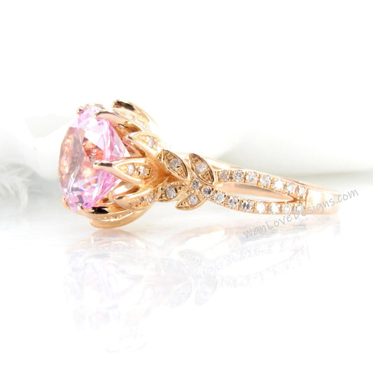 Vintage Light Pink Sapphire diamond engagement ring Lotus leaf flower ring Split Shank ring Rose Gold prong set unique anniversary ring