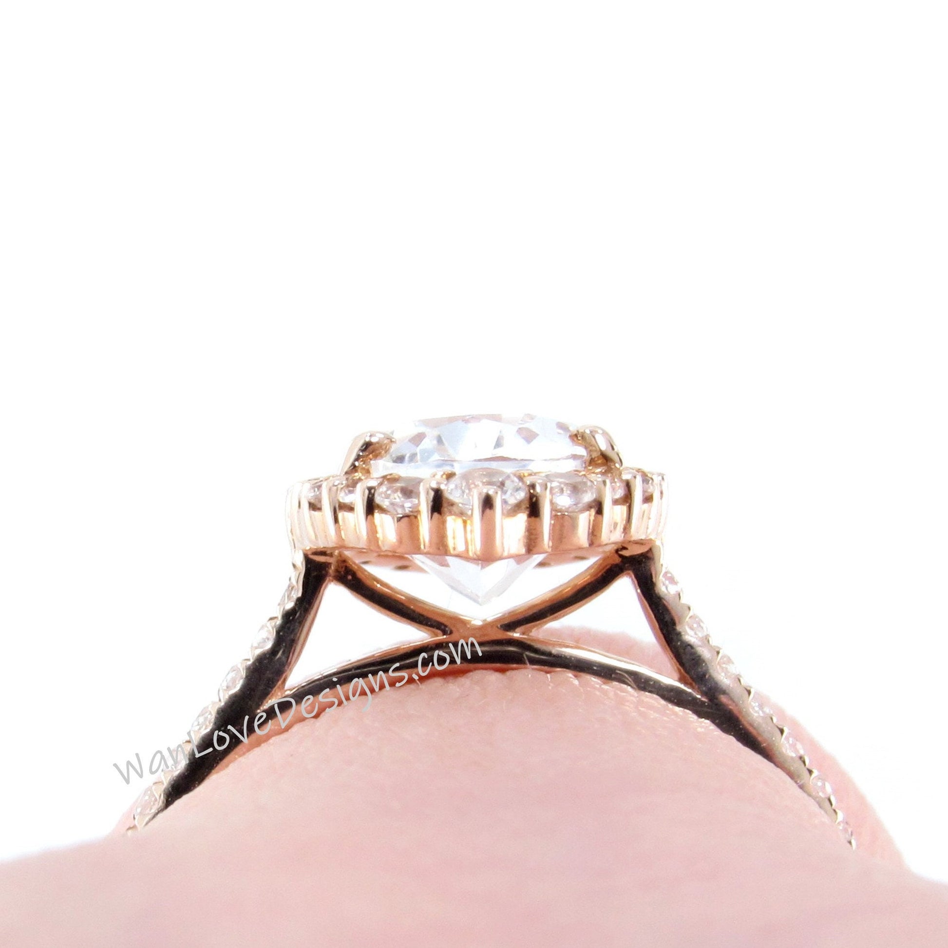 White Sapphire & Diamonds Oval Graduated Halo Engagement Ring, Custom, Wedding, 14k 18k White Rose Yellow Gold, Platinum, WanLoveDesigns