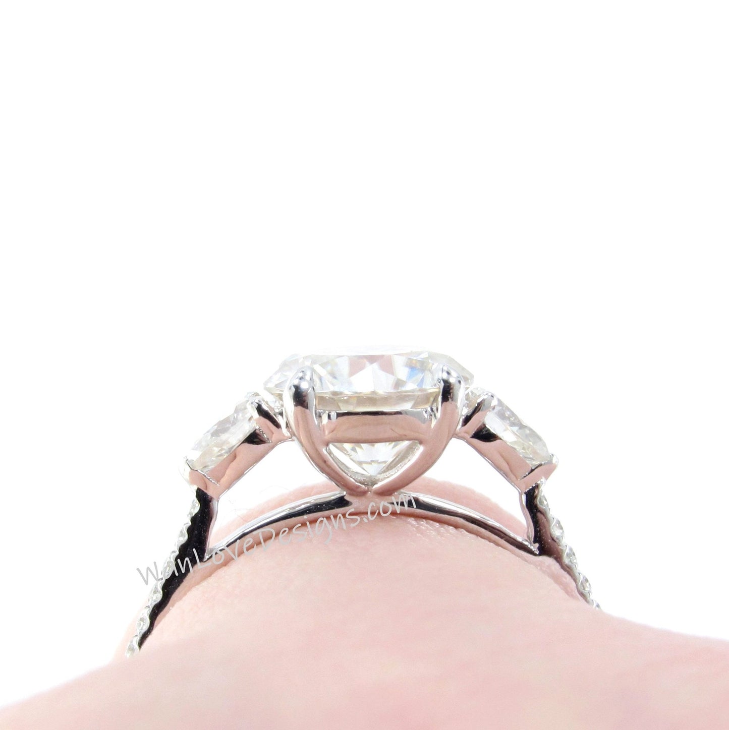 White Sapphire Round Pear Diamond Ring, Three Stone Moissanite Ring, Round sapphire engagement Ring, Diamond Band Ring