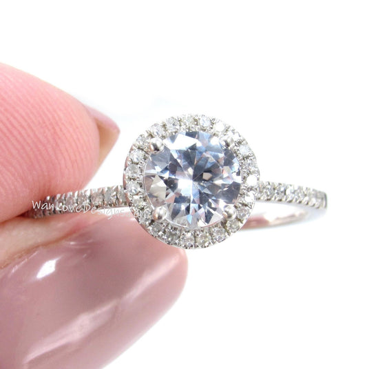 White Sapphire Diamond Round Halo Engagement Ring 1ct round halo ring halo diamond bridal Wedding promise ring Anniversary Gift, Ready