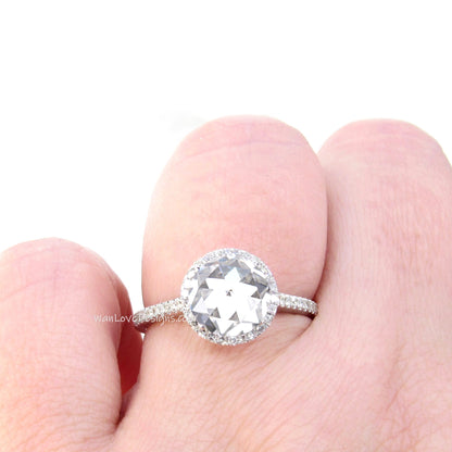 White Sapphire & Diamonds Rose Cut Round Halo Antique style Cabochon Engagement Ring, 14k 18k White Yellow Rose Gold-Platinum-Custom