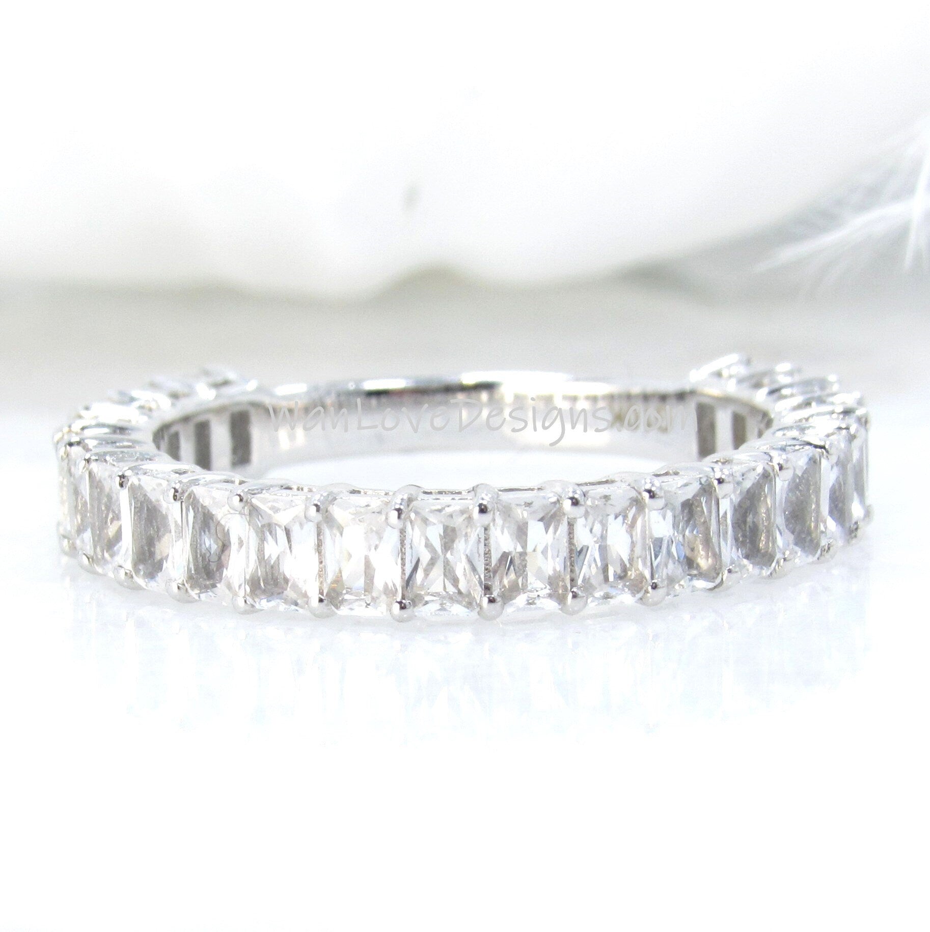 White Sapphire Emerald Radiant cut wedding Band 3/4 Almost Eternity Ring Art Deco Baguette White gold Anniversary promise ring Ready to Ship