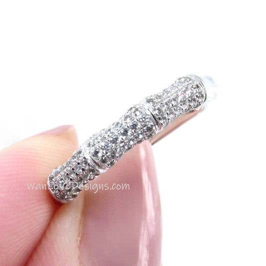 White Sapphire Bamboo Wedding Band Nature Ring Notched Half Eternity Pave White Gold ring unique matching bridal anniversary ring-Ready