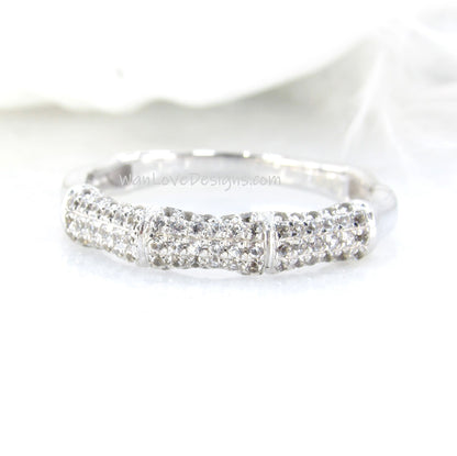 White Sapphire Bamboo Wedding Band Nature Ring Notched Half Eternity Pave White Gold ring unique matching bridal anniversary ring-Ready