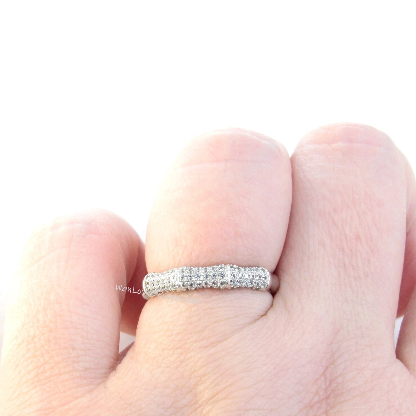 White Sapphire Bamboo Wedding Band Nature Ring Notched Half Eternity Pave White Gold ring unique matching bridal anniversary ring-Ready